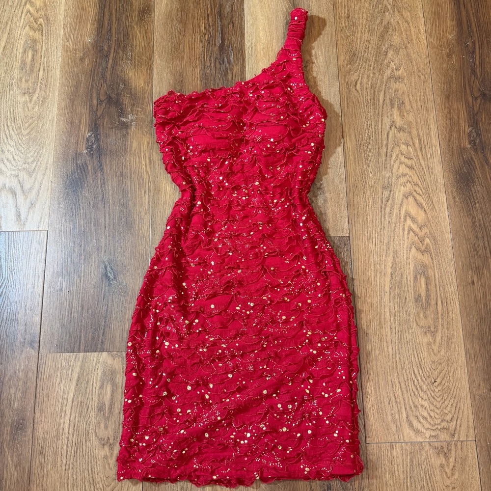 Vintage Y2K Dress Vintage Bandage Dress Red One-Shoulder Bodycon Mini Dress Prom